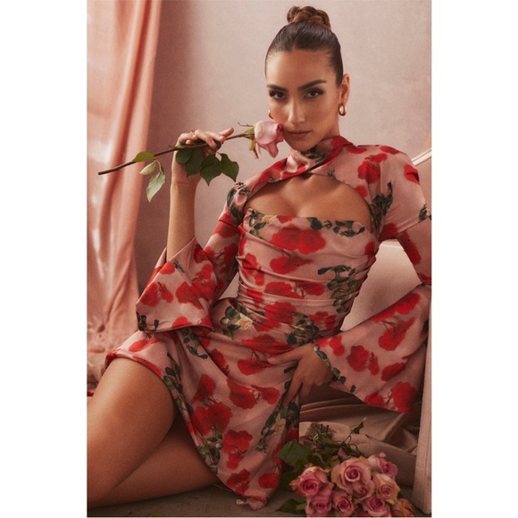 NEW House of CB Toira Dress Rose Print XS - Picture 4 of 17